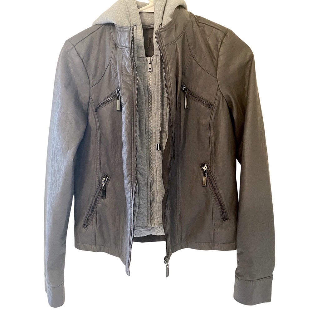 J2 Gray Vegan Leather Jacket Sz. XS w/ Removable Hood, SOFT Faux Fur Lining